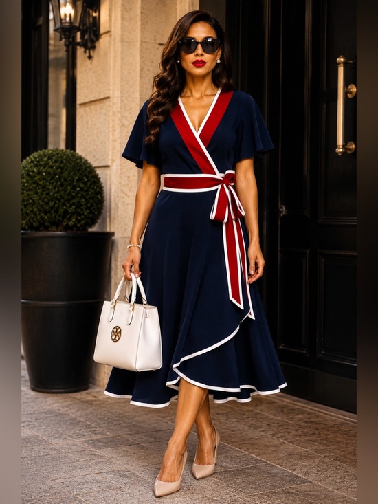 Tory Burch Dresses & Skirts - Tory Burch Peggy Wrap Dress Navy Red White Striped Trim Sz 10 EUC